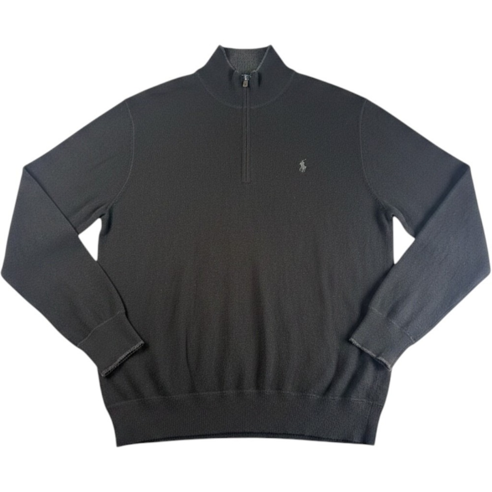 Polo Ralph Lauren Sweater Mens L Black 100% Cashmere 1/4 Zip Mock Neck Pullover